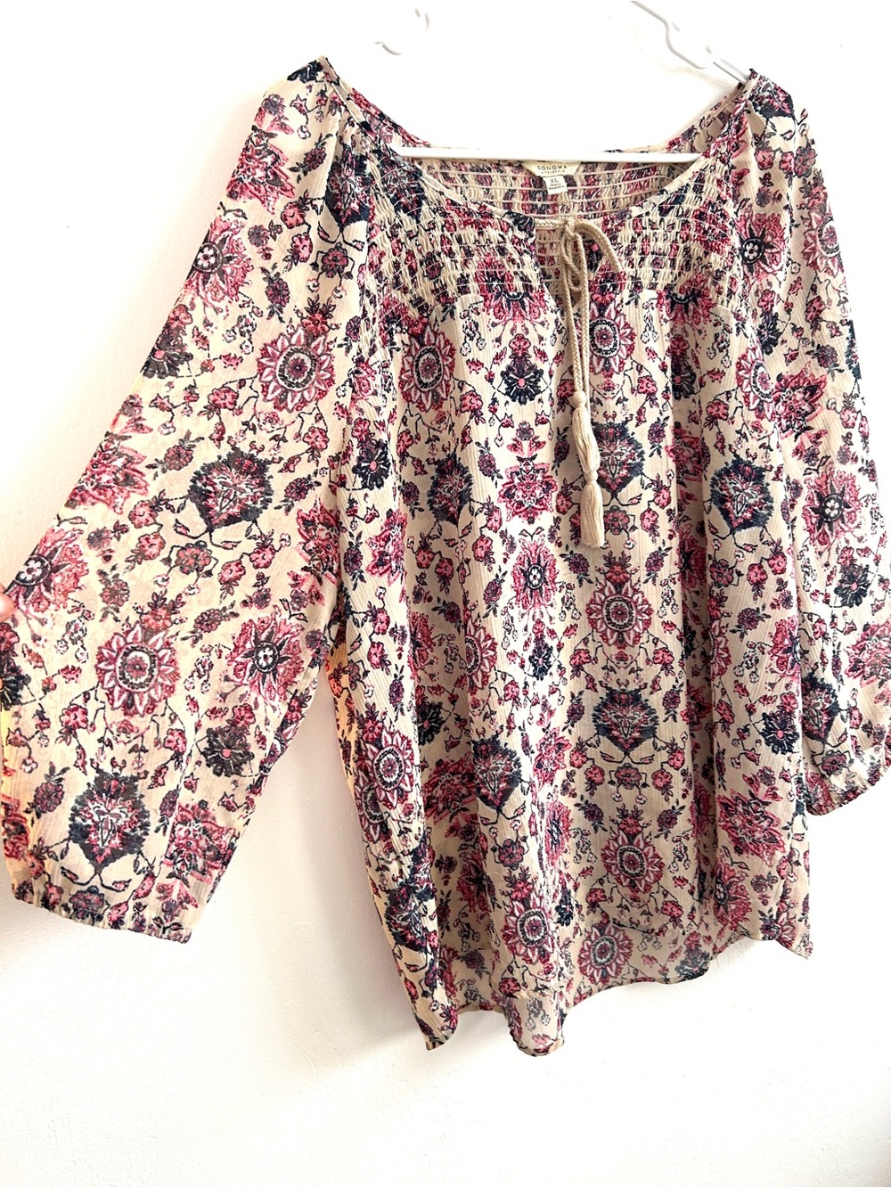 Sonoma Cream Floral Peasant Blouse with Pink & Black Accents
